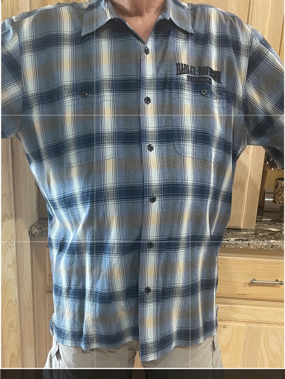 Harley-Davidson Blue and Tan Plaid Short-Sleeve Button-Down Shirt